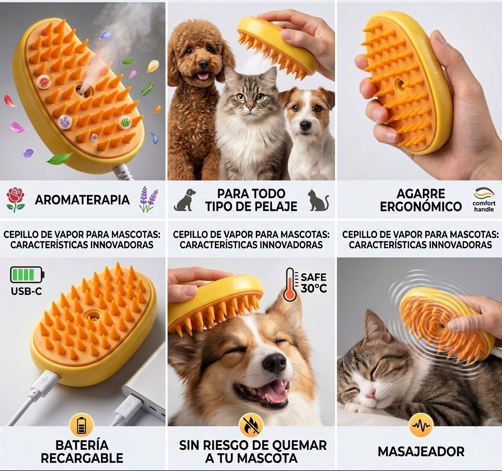 Cepillo de Vapor para Mascotas 3 en 1 UNO. Steam Pro 😺🐶
